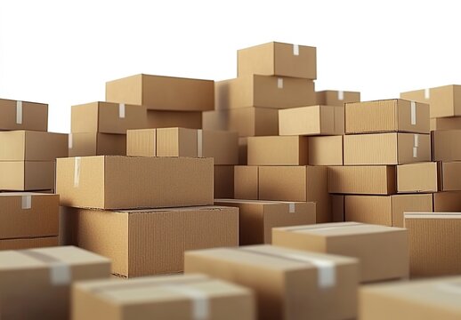 3D rendering of cartoon-style cardboard boxes stacked on top of each other. 