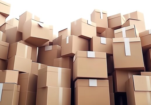 3D rendering of cartoon-style cardboard boxes stacked on top of each other. 