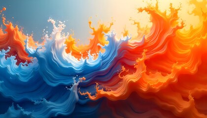 Poster - A vibrant abstract swirl of orange and blue colors, blending dynamically in fluid motion, creating a striking and energetic visual