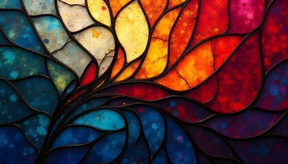 Fototapete - A vibrant abstract stained glass design, featuring bold colors and rich textures that create a dynamic and captivating visual effect, reminiscent of intricate art pieces