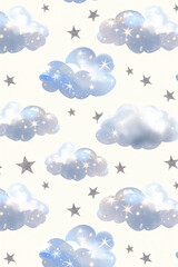 Wall Mural - blue fluffy clouds and silver stars floating on white background seamless pattern