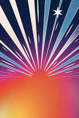 Wall Mural - bright star shining over colorful retro background with sunbeams and speckles