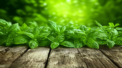 Poster - Lush green mint leaves arranged on a rustic wooden surface, bathed in soft, natural light, evoking a fresh, vibrant atmosphere