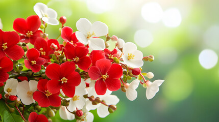 Aufkleber - A vibrant display of red and white flowers, set against a softly blurred green background, exuding beauty and freshness