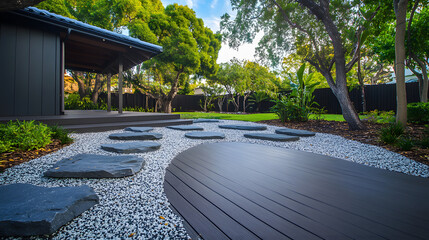 Aufkleber - A serene garden scene featuring stone pathways, wooden decking, and lush greenery, creating a tranquil outdoor space