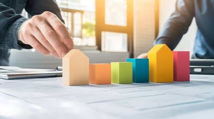 Poster - Two hands arranging colorful building blocks on a blueprint, symbolizing planning and construction in an architectural or real estate context