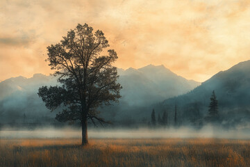 Sticker - Sierra's Acacia Mist First Light Celestial Offering a Serene Morning Landscape