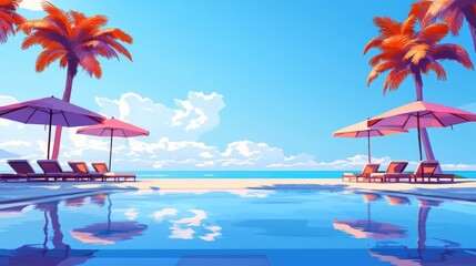 Wall Mural - Tranquil poolside scene with palm trees, beach, and pink umbrellas reflecting in the water.