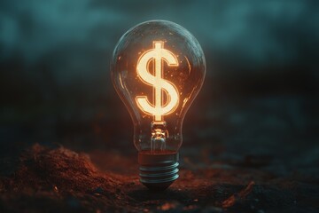 Poster - Glowing dollar sign inside a lightbulb on dark ground.
