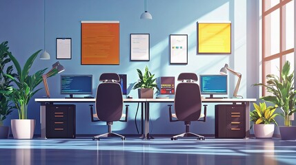 Poster - Modern Clean IT Office Workspace with Bright Colors and Plants