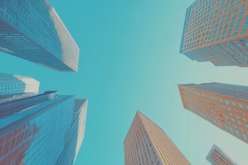 Poster - Low angle view of skyscrapers against a clear blue sky.