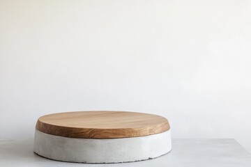 Poster - Round wooden and concrete display stand on white background.