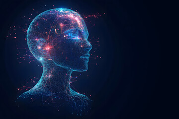 Poster - Abstract illustration of AI visualization. dark blue background. a face consisting of glowing digital lines and dots. artificial intelligence. technology and data network. futuristic atmosphere