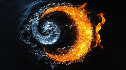 Wall Mural - Water and Fire Form the Ying Yang Symbol on a Black Background