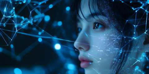Poster - image of a girl with a hologram of a digital network and connections. Technological design. interaction between people and technology. cyberpunk and the future