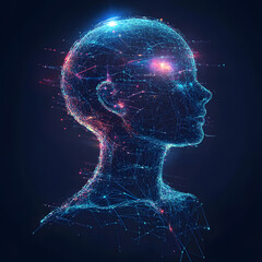 Poster - Abstract illustration of AI visualization. dark blue background. a face consisting of glowing digital lines and dots. artificial intelligence. technology and data network. futuristic atmosphere