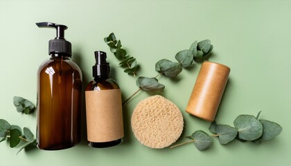 Wall Mural - Natural beauty products on green background.