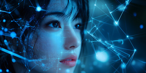 Poster - image of a girl with a hologram of a digital network and connections. Technological design. interaction between people and technology. cyberpunk and the future