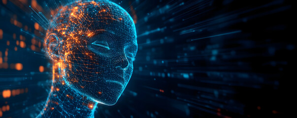 Poster - Abstract illustration of AI visualization. dark blue background. a face consisting of glowing digital lines and dots. artificial intelligence. technology and data network. futuristic atmosphere