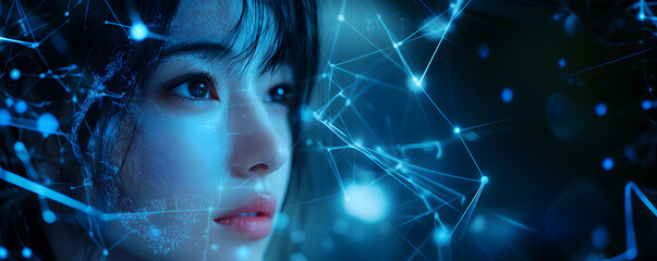 Poster - image of a girl with a hologram of a digital network and connections. Technological design. interaction between people and technology. cyberpunk and the future