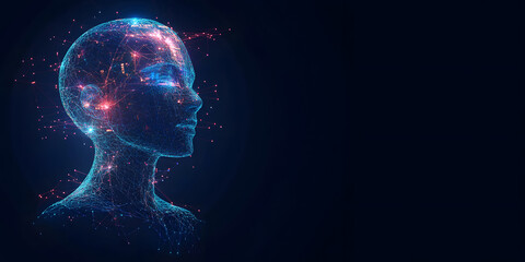 Poster - Abstract illustration of AI visualization. dark blue background. a face consisting of glowing digital lines and dots. artificial intelligence. technology and data network. futuristic atmosphere