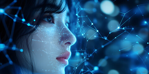 Poster - image of a girl with a hologram of a digital network and connections. Technological design. interaction between people and technology. cyberpunk and the future