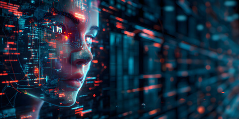 Poster - image of a girl with a hologram of a digital network and connections. Technological design. interaction between people and technology. cyberpunk and the future