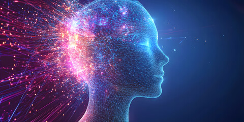 Poster - Abstract illustration of AI visualization. dark blue background. a face consisting of glowing digital lines and dots. artificial intelligence. technology and data network. futuristic atmosphere