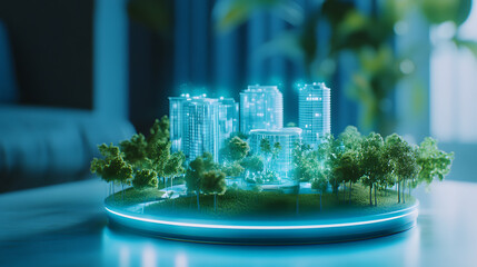 Aufkleber - A futuristic, holographic city model featuring skyscrapers and greenery, illuminated in blue tones, showcasing urban planning and eco-friendly design