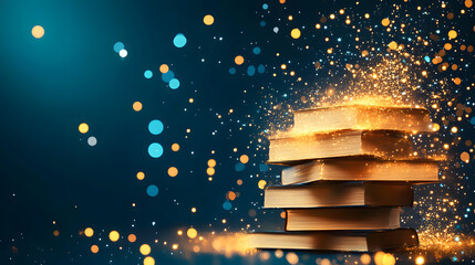 Poster - A stack of glowing books surrounded by shimmering particles, evoking a sense of magic and knowledge in a mystical atmosphere