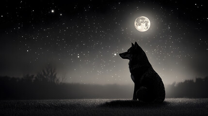 Poster - A silhouette of a dog gazes at a full moon in a starry night sky, creating a serene, mystical atmosphere