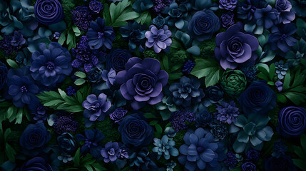 Aufkleber - A rich tapestry of dark flowers and lush greenery creates a moody, elegant floral backdrop with deep hues and textures