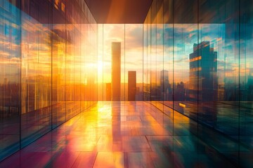Poster - Sunset cityscape view from modern glass building interior.