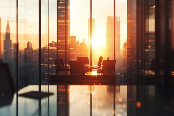 Poster - Sunset cityscape view from modern office.