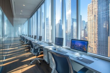 Poster - Modern office with city view, workstations, sunlight.
