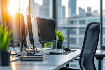 Poster - Modern office workspace with computers, keyboard, mouse, and chair near window.