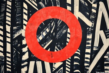 Aufkleber - Red circle on abstract black and white striped background.