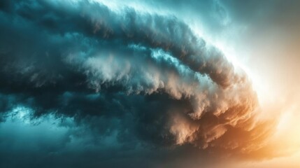 Wall Mural - large, dark storm clouds gather in the sky while golden sunlight pierces through, creating a strikin