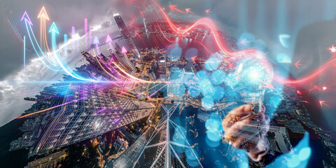Aufkleber - Abstract concept depicting Hong Kong's vibrant energy, symbolized by dynamic light trails and upward-pointing arrows, suggesting growth and progress.
