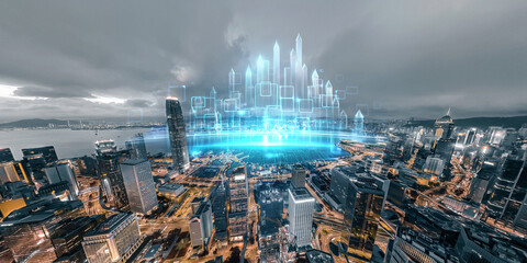 Poster - Abstract concept of Hong Kong's skyline merging with futuristic digital architecture, showcasing technological advancement and urban development.