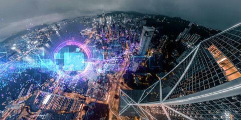 Poster - Abstract concept depicting Hong Kong's vibrant cityscape at night, overlaid with glowing digital network imagery.  A futuristic vision of urban technology.