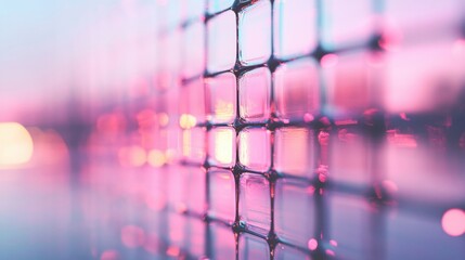 Poster - Abstract pink glass structures create a captivating visual as they reflect soft twilight hues, enhancing the tranquil ambiance of the setting