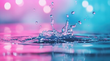 Fototapete - Water droplets splash and create intriguing patterns on a smooth surface, enhanced by vibrant pink and blue lighting in the background