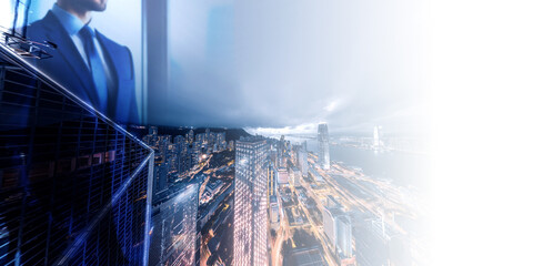 Leinwandbilder - Abstract concept showcasing a Hong Kong cityscape and a businessman, symbolizing ambition and urban success.