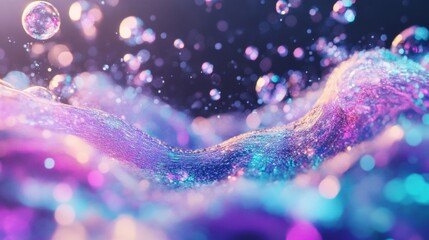 Poster - Iridescent waves create an enchanting landscape filled with bubbles, showcasing vibrant colors and fluid movement during the evening