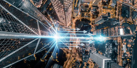 Poster - Abstract concept of upward mobility, depicted as glowing arrows rising from a Hong Kong cityscape.