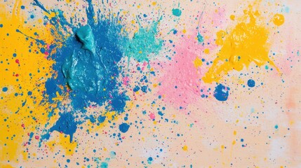 Poster - Colorful splatters of blue, yellow, and pink paint create an energetic and abstract display on a light background, showcasing artistic expression