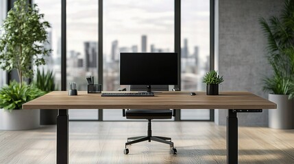 Poster - Modern Office Desk Setup on Wooden Table with Plants and Computer