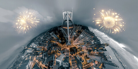 Poster - Abstract concept of Hong Kong cityscape at night, fireworks exploding above.  A bird's-eye view of celebration.