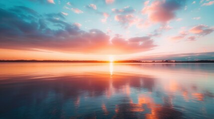 Wall Mural - colorful sky at sunset casts vivid reflections on the tranquil surface of a serene lake, creating a 